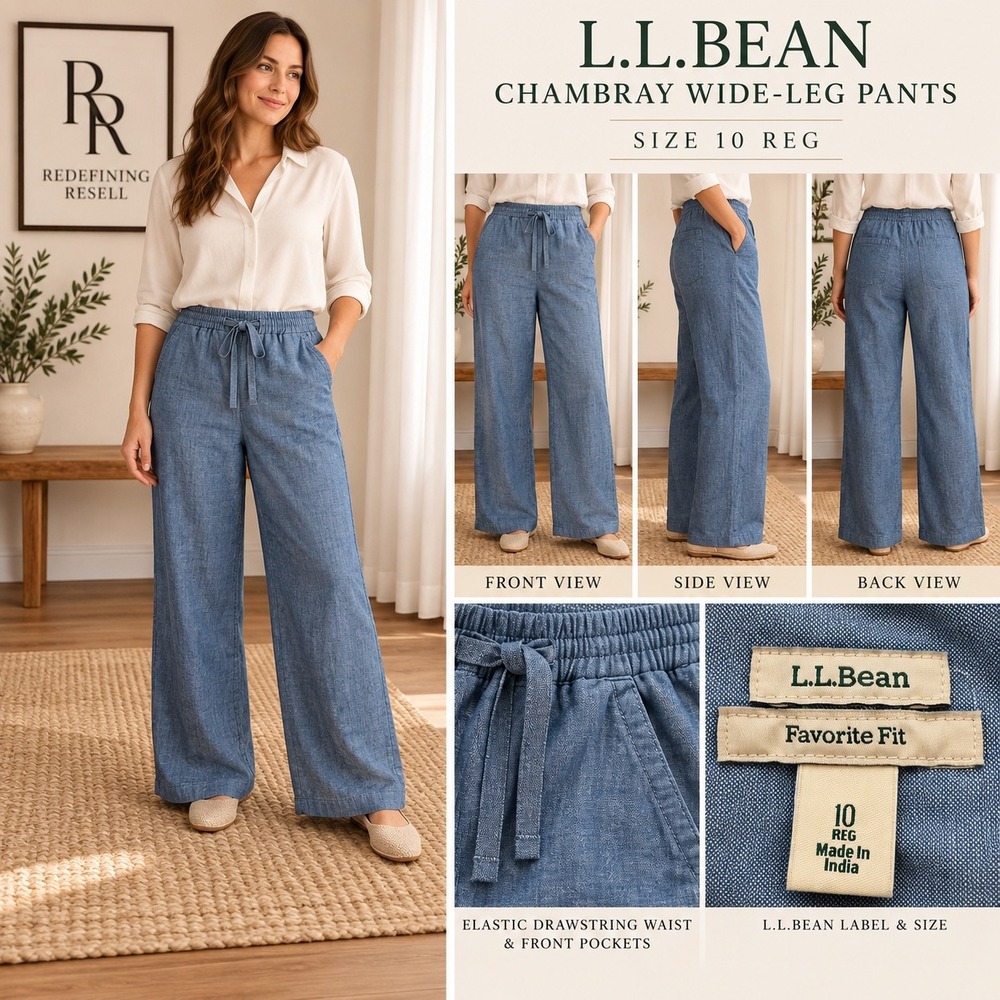 LL Bean Favorite Fit Chambray Wide Leg Pants Blue Cotton Drawstring Size 10 Reg